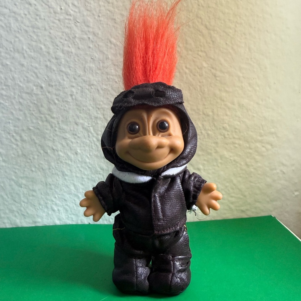 Vintage Russ Troll Doll, Aviator or Motorcycle Rider troll w/ orange hair.